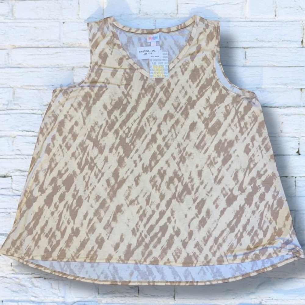 LuLaRoe 3XL Kristina V-Neck Tank Top • Cream & Tan •Cross-Hatched Tie-Dye Design